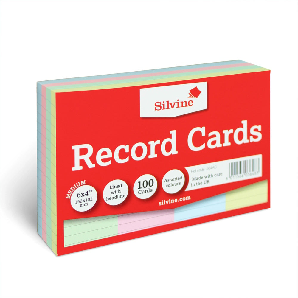 Silvine Record Cards 6x4 Ruled Assorted Colours