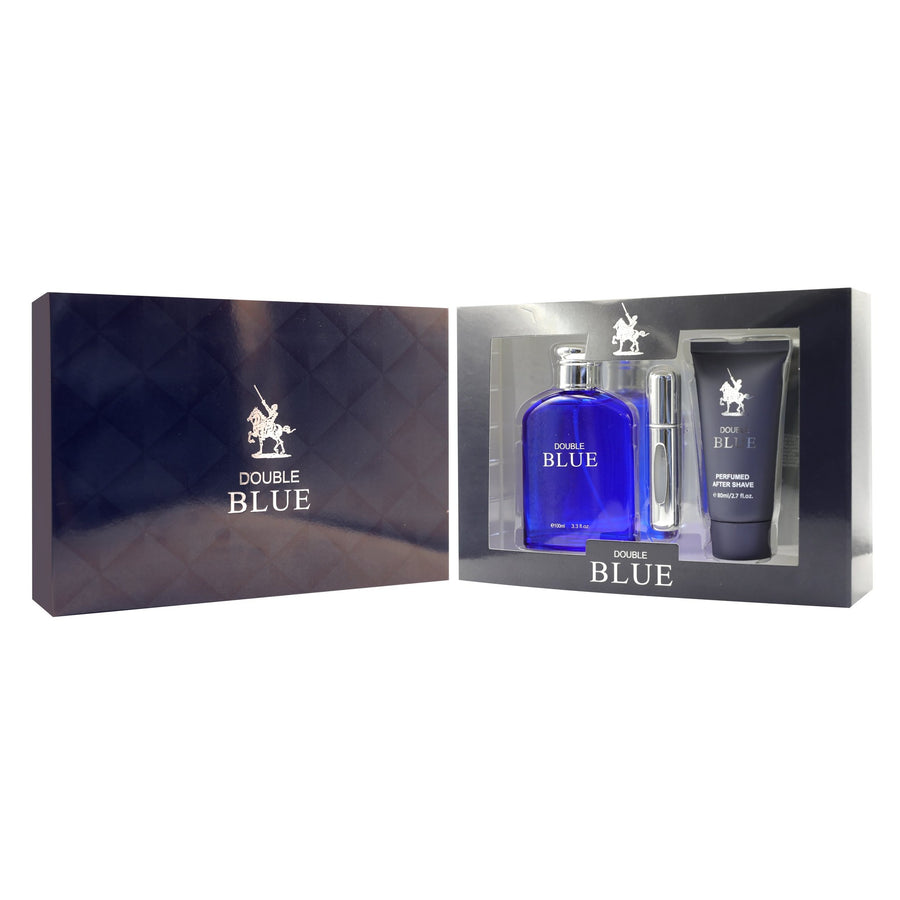 Double Blue 3 Piece Gift Set for Men (100ml EDT, 80ml After Shave, Atomiser) | Premium Alternative to Ralph Lauren Polo Blue
