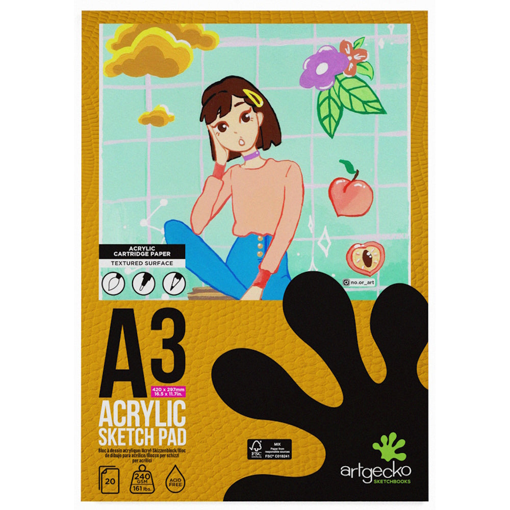 Artgecko Pro Acrylic Sketchpad A3 20 Sheets 240gsm White Paper