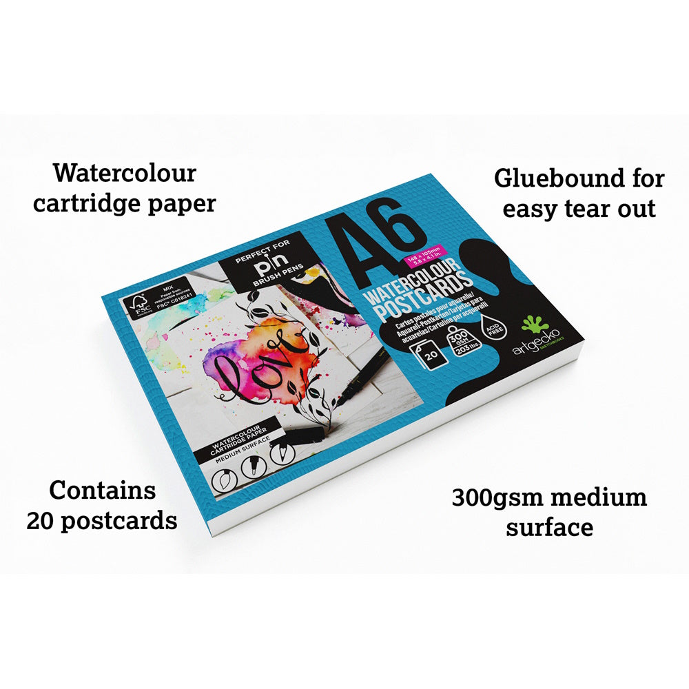Artgecko Pro Watercolour Postcards A6 20 Sheets 300gsm White Paper