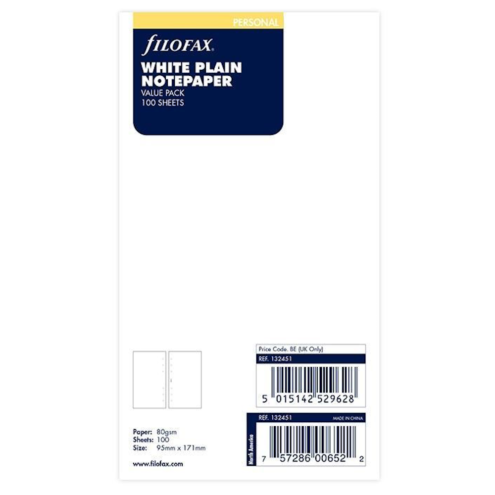 Filofax Personal White Plain Notepaper Refill Value Pack 100 Sheets