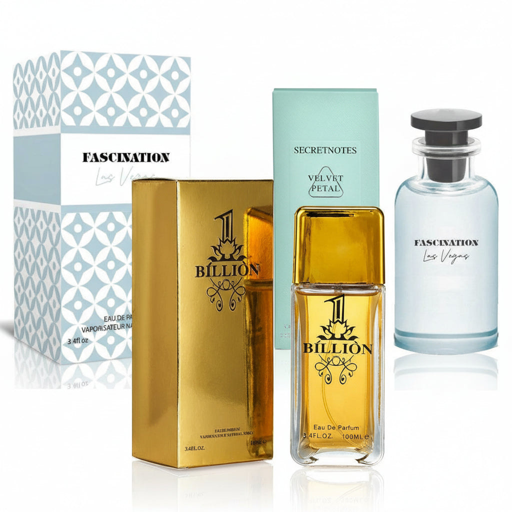 Designer Inspired EDP Bundle: 1 Billion, Fascination Las Vegas & Velvet Petal 100ml Value Set