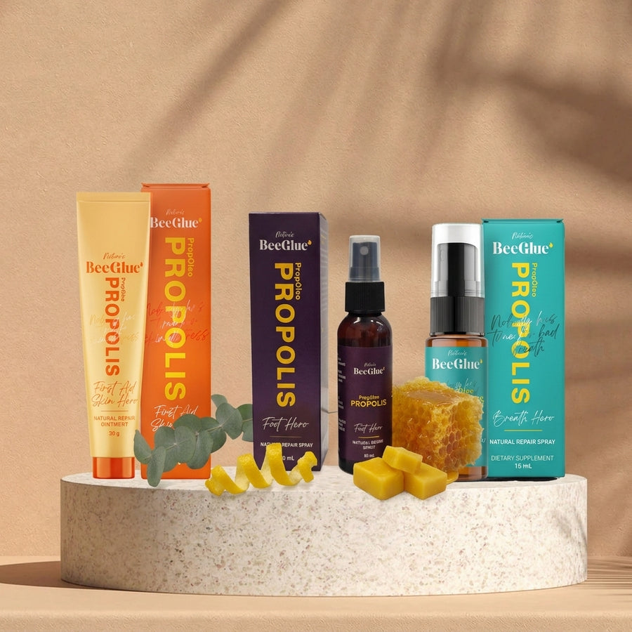 BeeGlue 3-Piece Value Bundle: First Aid Skin Hero 20g, Foot Hero & Breath Hero Repair Spray