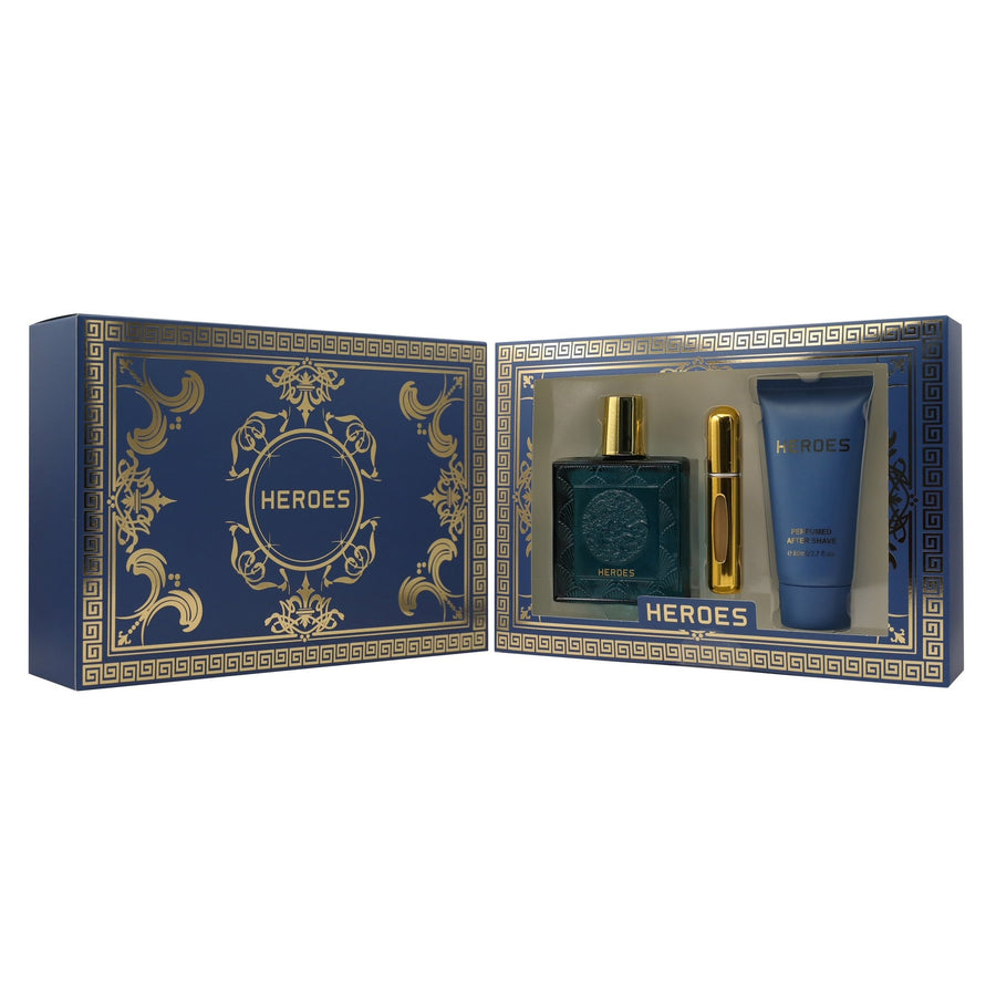 Heroes 3 Piece Gift Set for Men (90ml EDT, 80ml After Shave, Atomiser) | Premium Alternative to Versace Eros