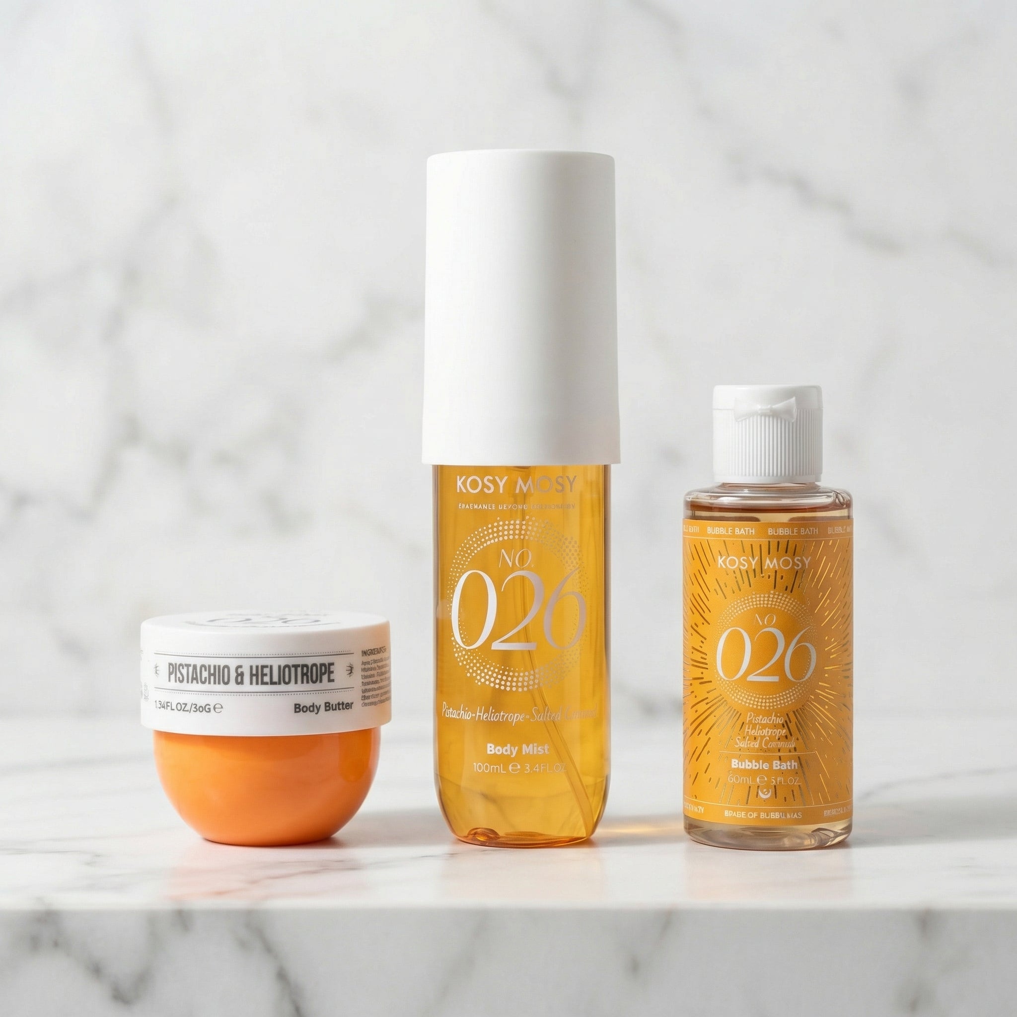 3 piece Gift Set Kosy Mosy No. 26 (Dupe for 62) Pistachio & Salted Caramel - Body Mist 100ml, Body Butter 50g, Bubble Bath 60ml