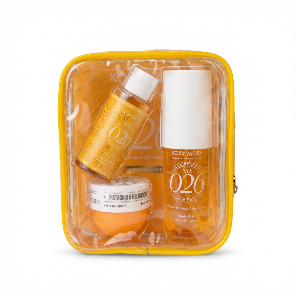 3 piece Gift Set Kosy Mosy No. 26 (Dupe for 62) Pistachio & Salted Caramel - Body Mist 100ml, Body Butter 50g, Bubble Bath 60ml