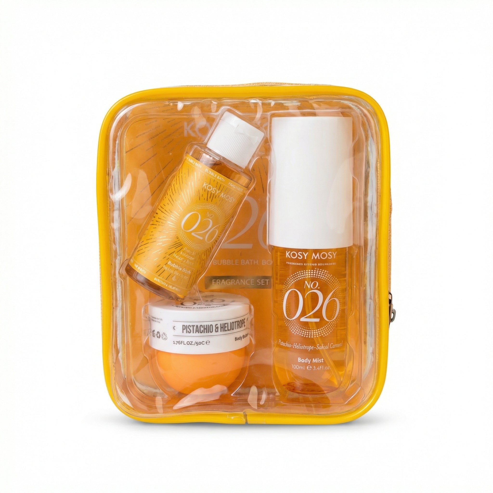 3 piece Gift Set Kosy Mosy No. 26 (Dupe for 62) Pistachio & Salted Caramel - Body Mist 100ml, Body Butter 50g, Bubble Bath 60ml