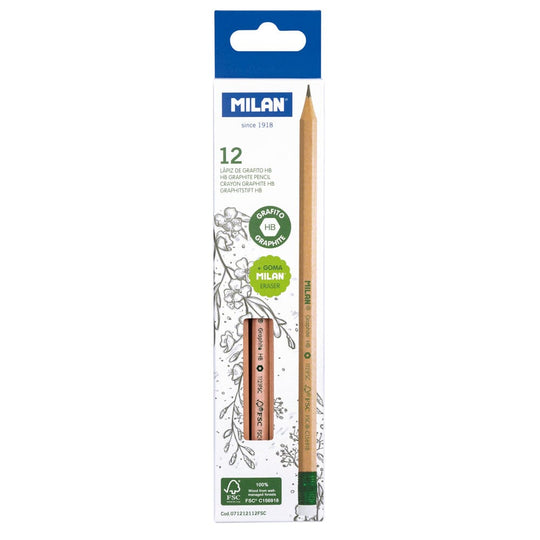 Milan HB Pencil with Eraser Pack 12 Hexagonal