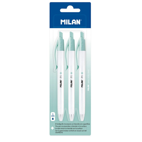 Milan Anti-Bacterial P1+ Ball Point Pen Blue Pack 3