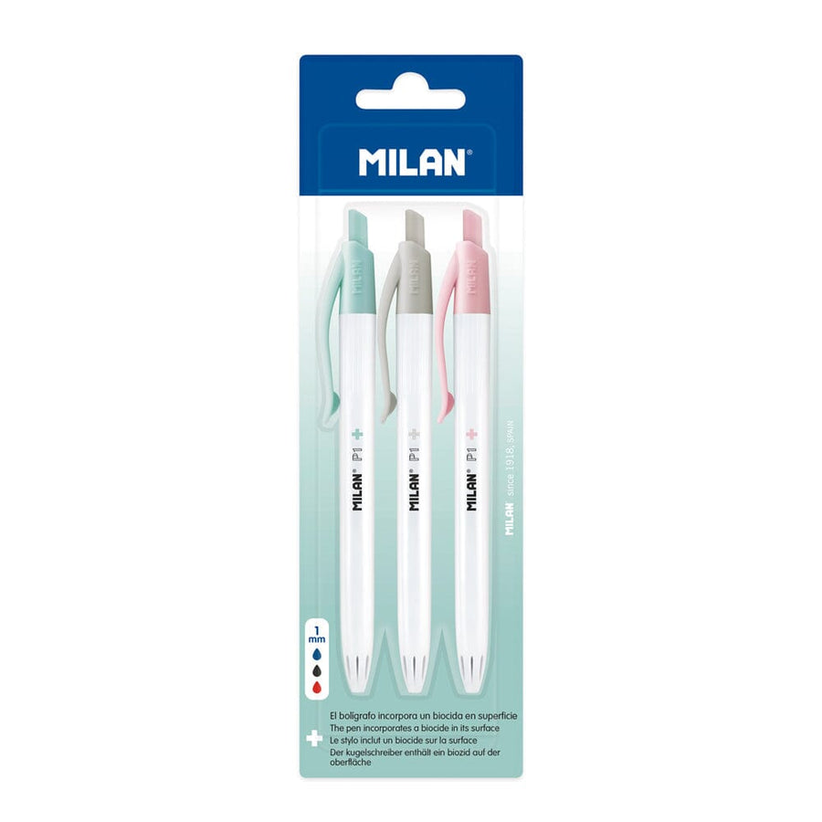 Milan Anti-Bacterial P1+ Ball Point Pen Assorted Pack 3