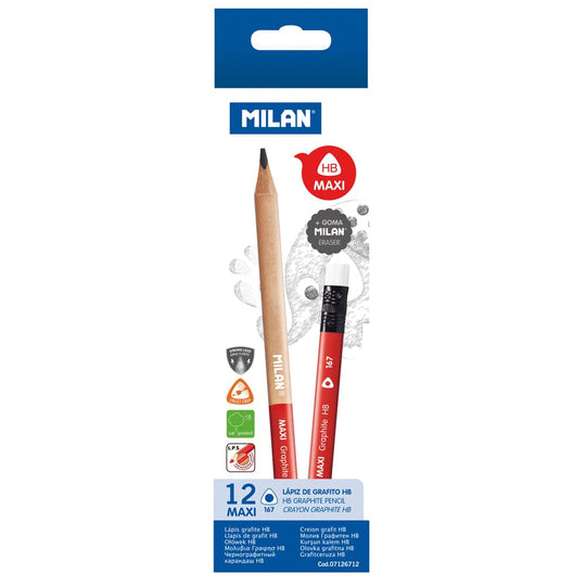 Milan Maxi Graphite Pencils with Eraser HB Pack 12