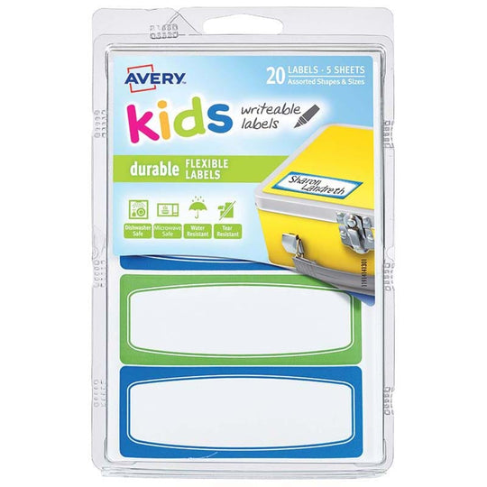 Avery Label Kids Durable Green Blue Border 89x32mm 4up 5 Sheets
