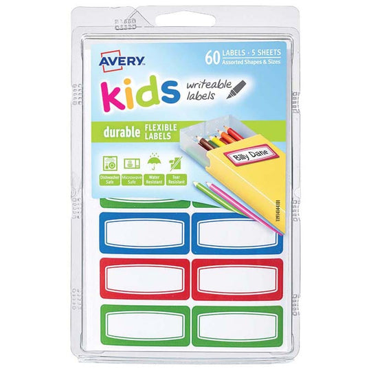 Avery Label Kids Durable Green Blue Red Border 44x19mm 12up 5 Sheets