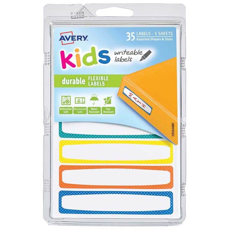 Avery Label Kids Durable Blue Orange Yellow Green Neon Border 89x16mm 7up 5 Sheets