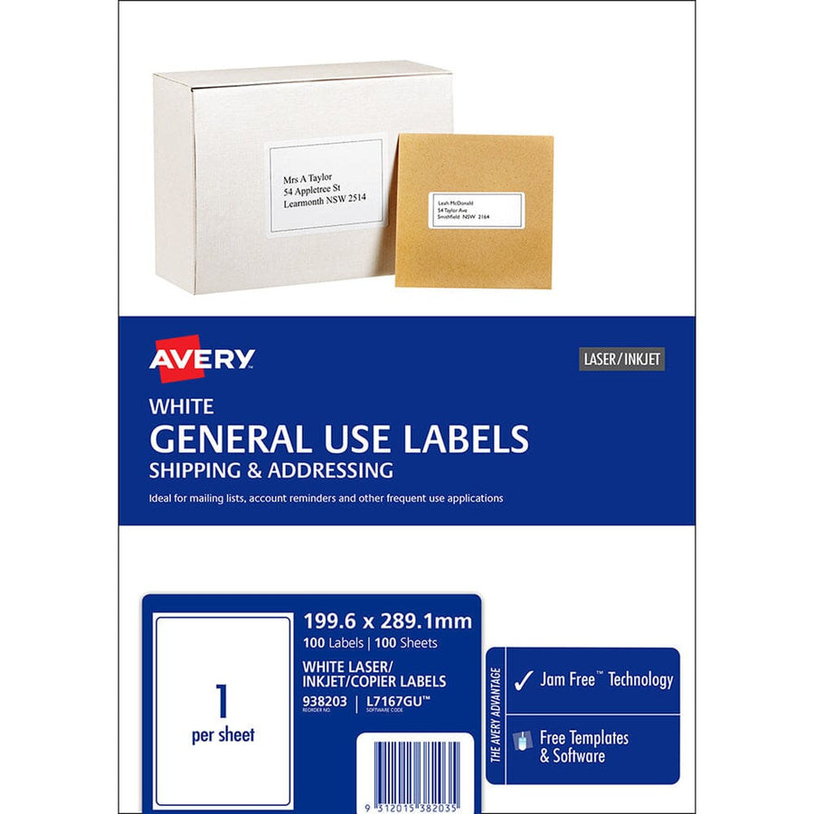 Avery Label L7167 General Use A4 1up 100 Sheets 199x289mm