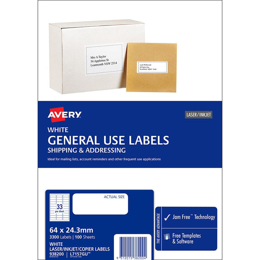 Avery Label L7157 General Use 64x24.3mm 33up 100 Sheets