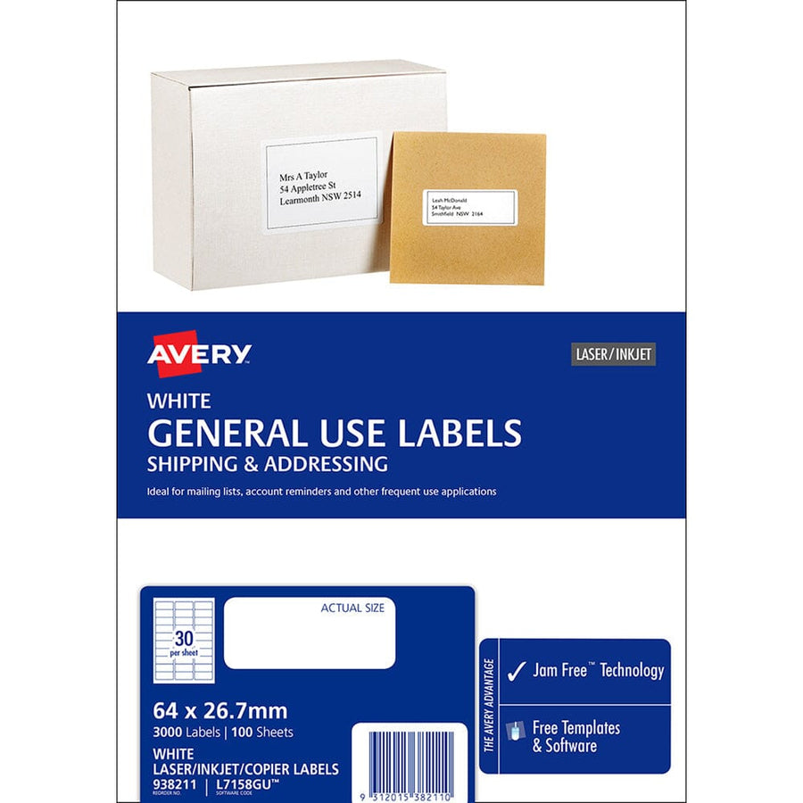 Avery Label L7158 General Use 64x26.7mm 30up 100 Sheets