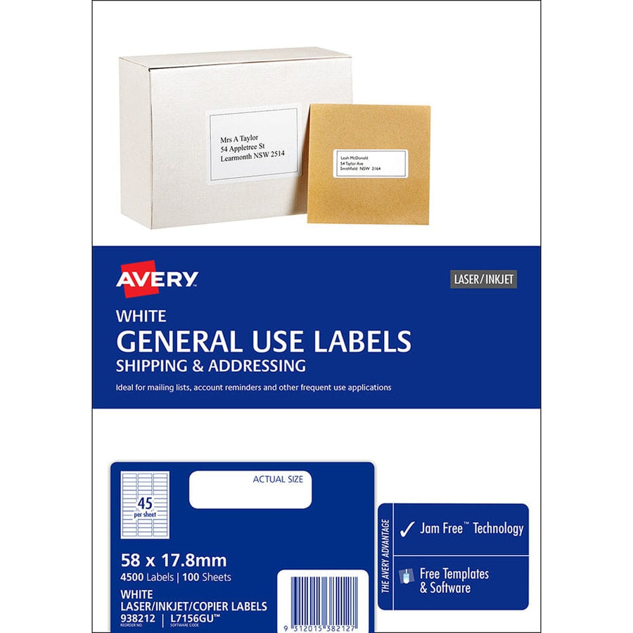 Avery Label L7156 General Use 58x17.8mm 45up 100 Sheets