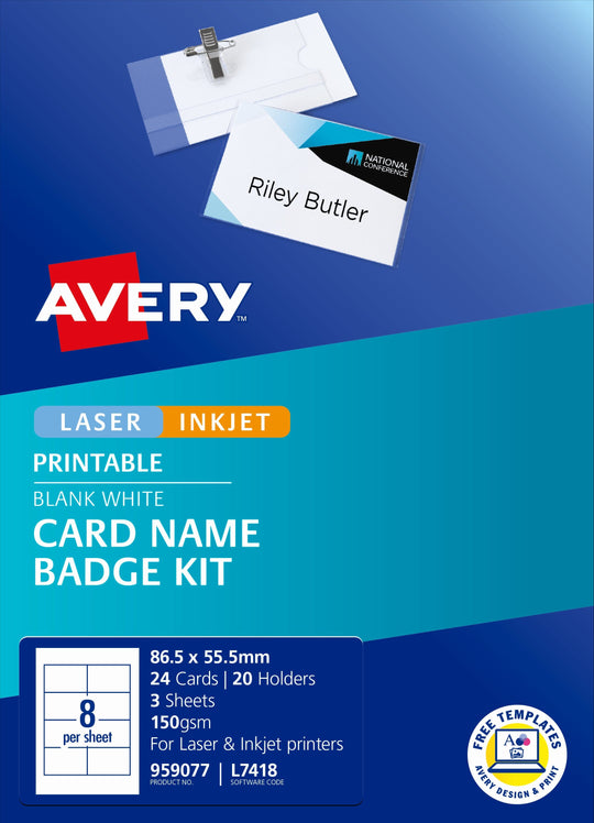 Avery Card Name Badges Kit 86.5x55.5mm 8up 3 Sheets Inkjet Laser L7418