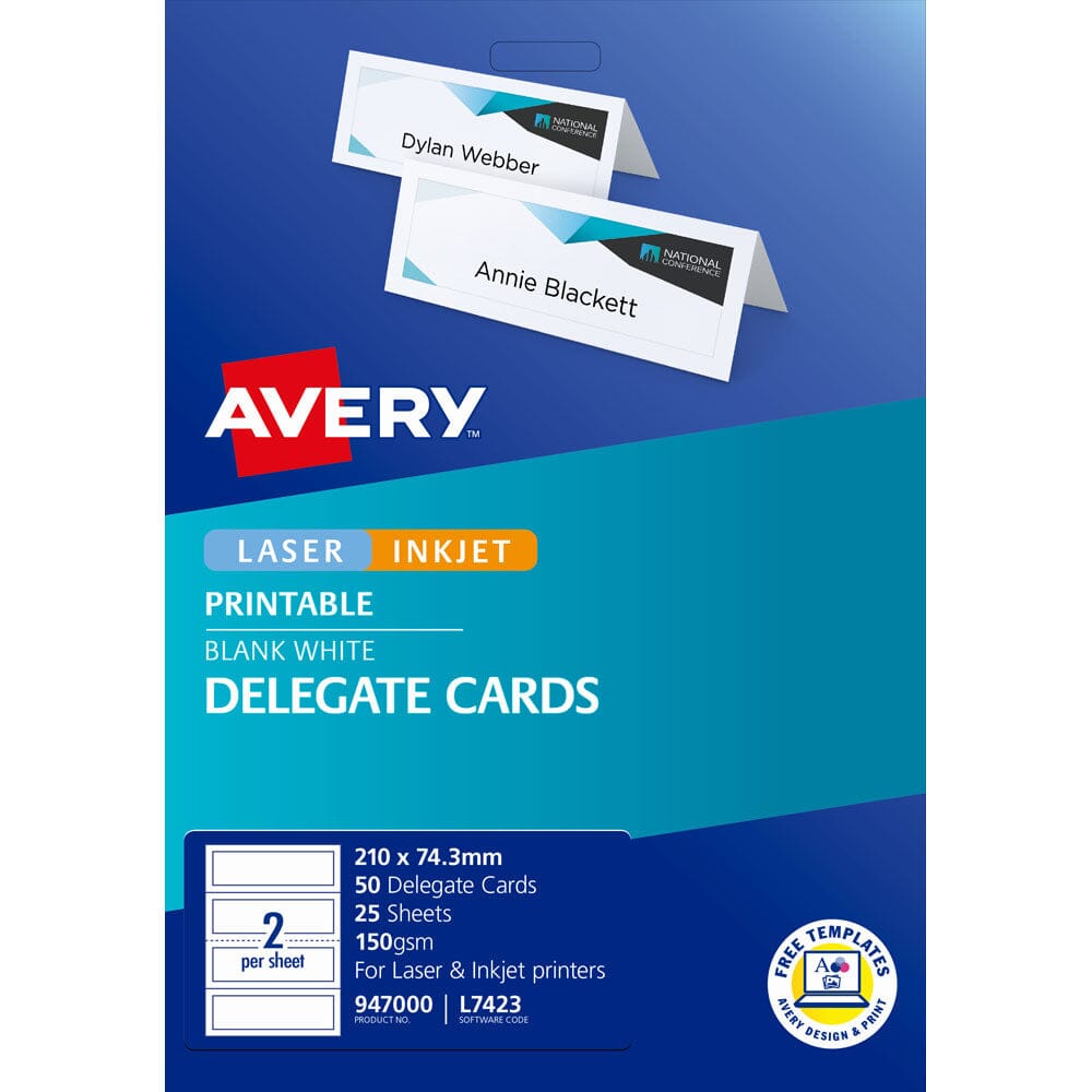 Avery Delegate Cards 210x74.3mm 50 Cards 25 Sheets Inkjet Laser