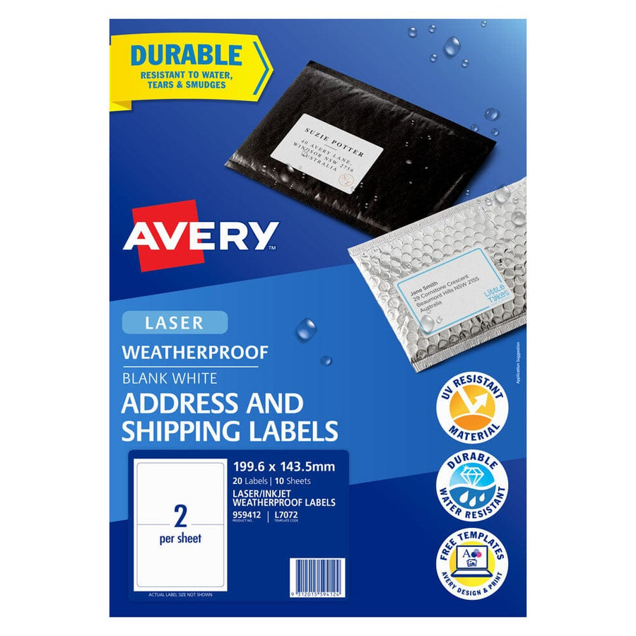 Avery Weatherproof Label L7072 199.6x143.5mm 2up 10 Sheets
