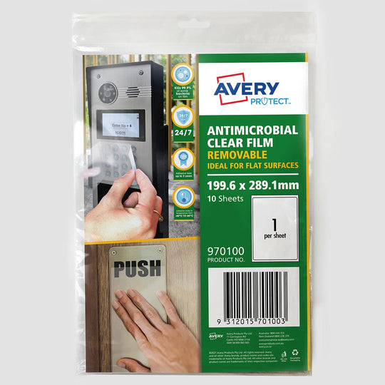 Avery Protect Anti-Microbial Film Removable A4 1up 10 Sheets 199x289mm