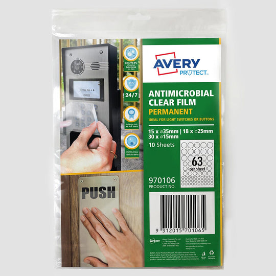 Avery Protect Anti-Microbial Film Permanent Mixed Circles A4 63up 10 Sheets