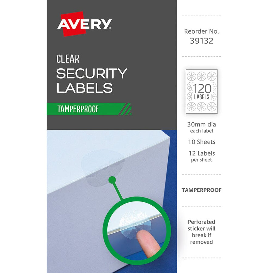 Avery Tamper Proof Label 39132 Clear Dot 30mm 12up 10 Sheets