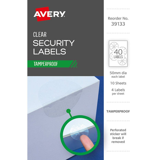 Avery Tamper Proof Label 39133 Clear Dot 50mm 4up 10 Sheets