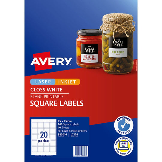Avery Square Glossy Labels L7124 10 Sheets 20up 45x45mm