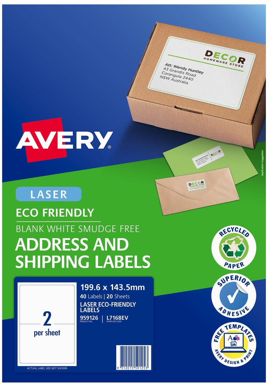 Avery Eco Friendly Address Labels 199.1x143.5mm 2up 20 Sheets L7168EV