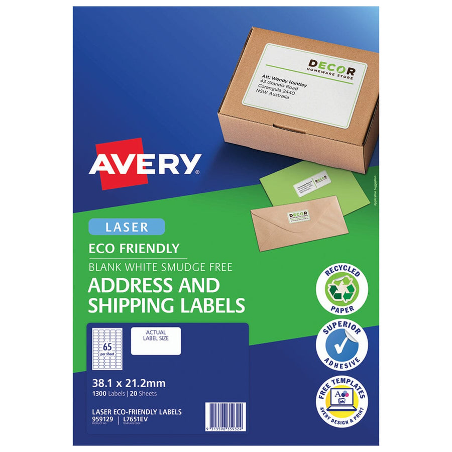 Avery Eco Friendly Address Labels 38.1x21.2mm 65up 20 Sheets L7651EV