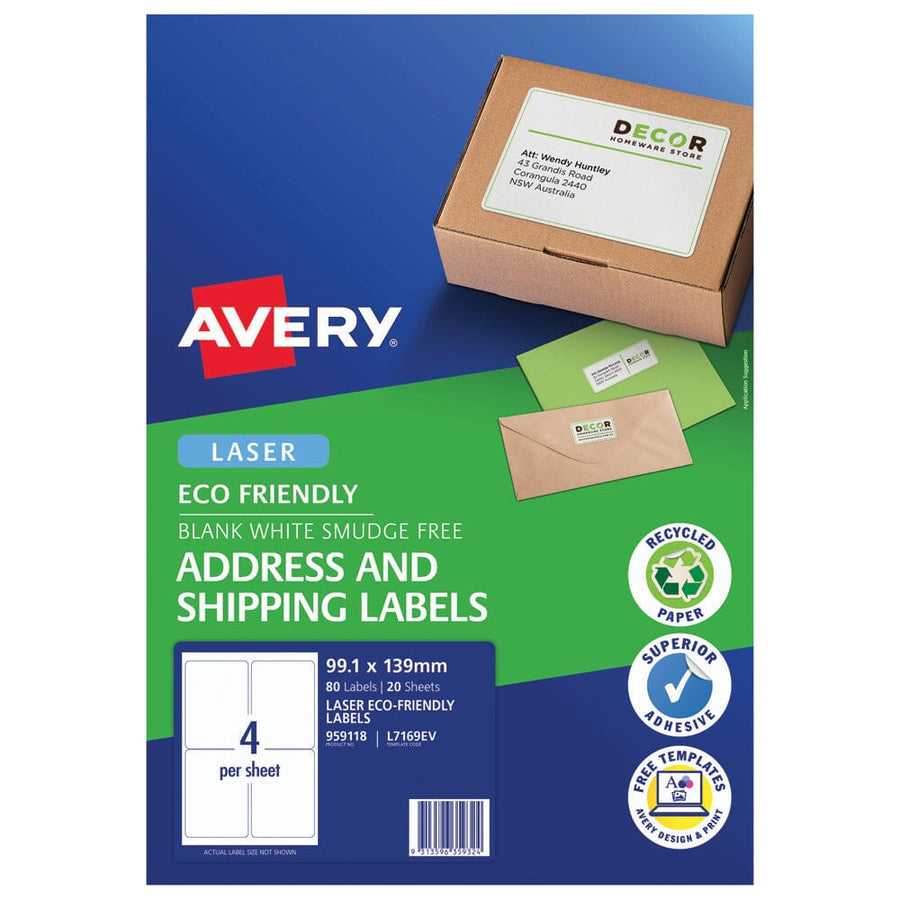 Avery Eco Friendly Address Labels 99.1x139mm 4up 20 Sheets L7169EV