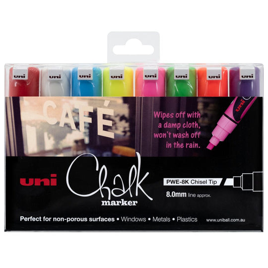 Uni Chalk Marker 8.0mm Chisel Tip 8 Pack Asstd Hangsell PWE-8K