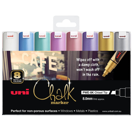 Uni Chalk Marker 8.0mm Bold Chisel Tip 8 Pack Metallic PWE-8K