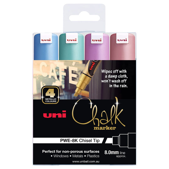 Uni Chalk Marker 8.0mm Bold Chisel Tip 4 Pack Metallic PWE-8K