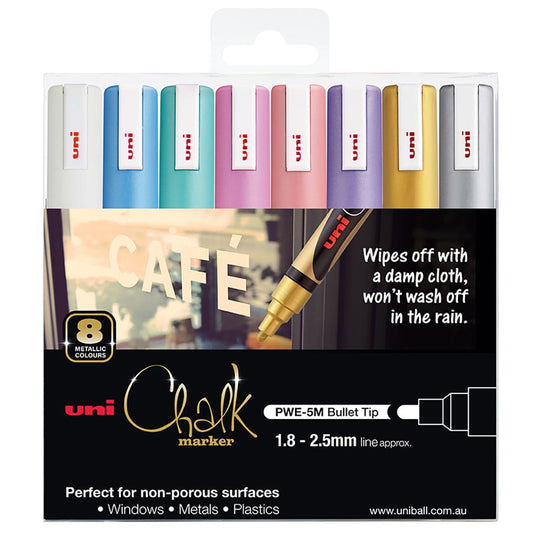 Uni Chalk Marker 1.8-2.5mm Bullet Tip 8 Pack Metallic PWE-5M