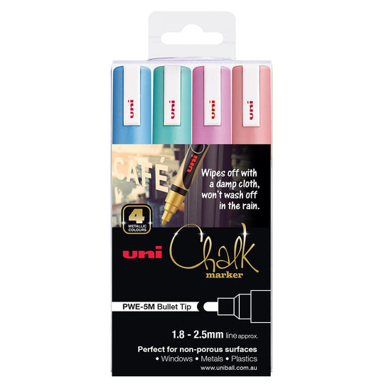Uni Chalk Marker 1.8-2.5mm Bullet Tip 4 Pack Metallic PWE-5M