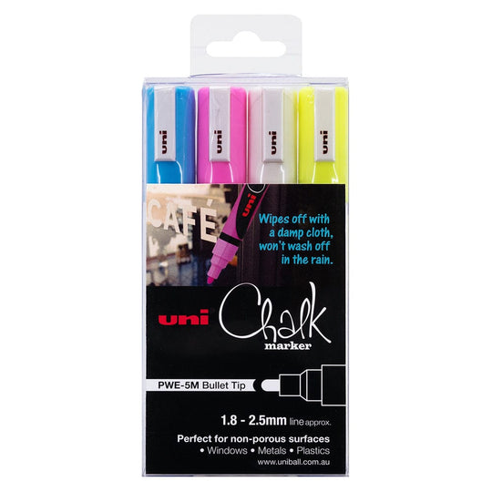 Uni Chalk Marker 1.8-2.5mm Bullet Tip 4 Piece Asstd PWE-5M