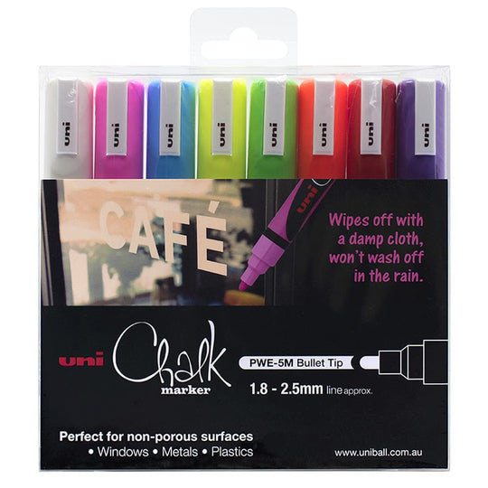 Uni Chalk Marker 1.8-2.5mm Bullet Tip 8 Piece Asstd PWE-5M