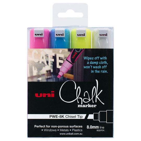 Uni Chalk Marker 8.0mm Chisel Tip 4 Pack PWE-8K
