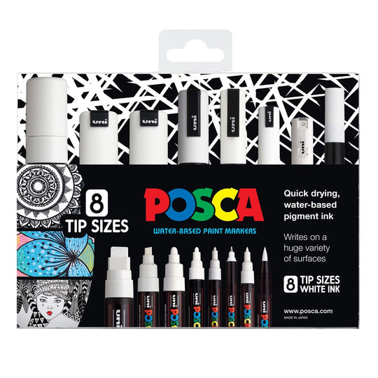 Uni Posca Marker White Set Pack of 8 Tip Sizes