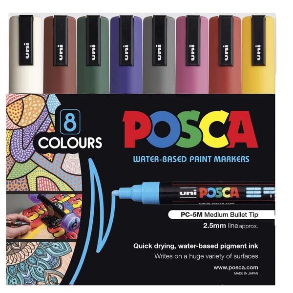 Uni Posca Marker 1.8-2.5mm Med Bullet 8 Pack Dark Colours PC-5M