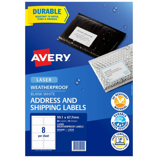 Avery Weatherproof Label L7070 99.1mmx67.7mm 8up 10 Sheets