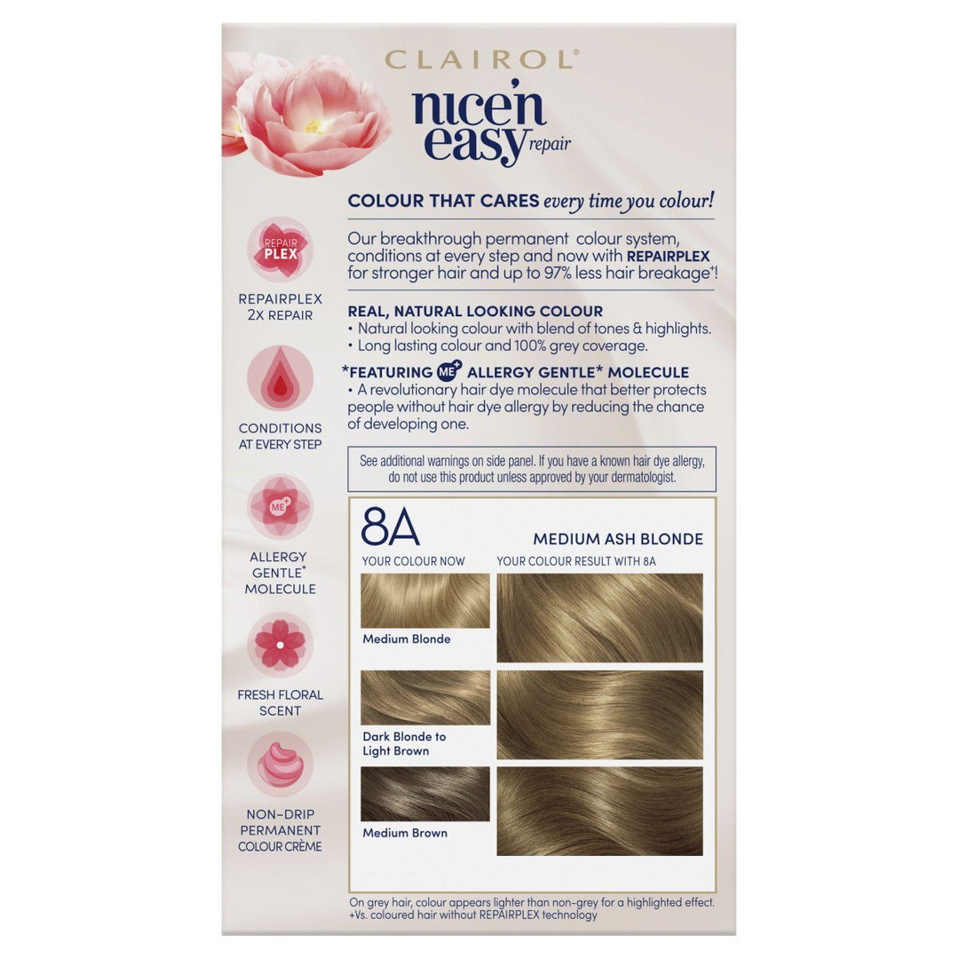 Clairol Nice'n Easy Repair PERMANENT Hair Colour - 8A Medium Ash Blonde