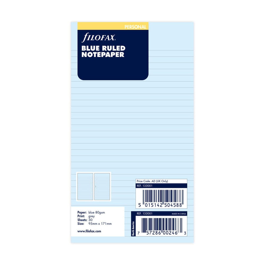Filofax Personal Blue Lined Notepaper Refill