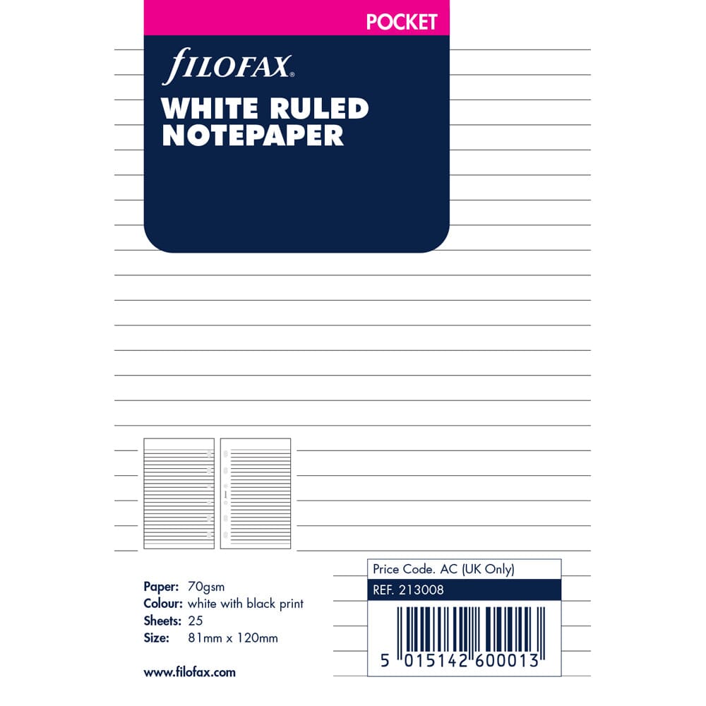 Filofax Pocket White Lined Notepaper Refill 25 Sheets