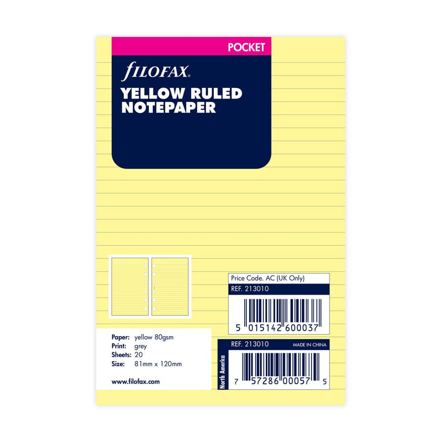 Filofax Pocket Yellow Lined Notepaper Refill