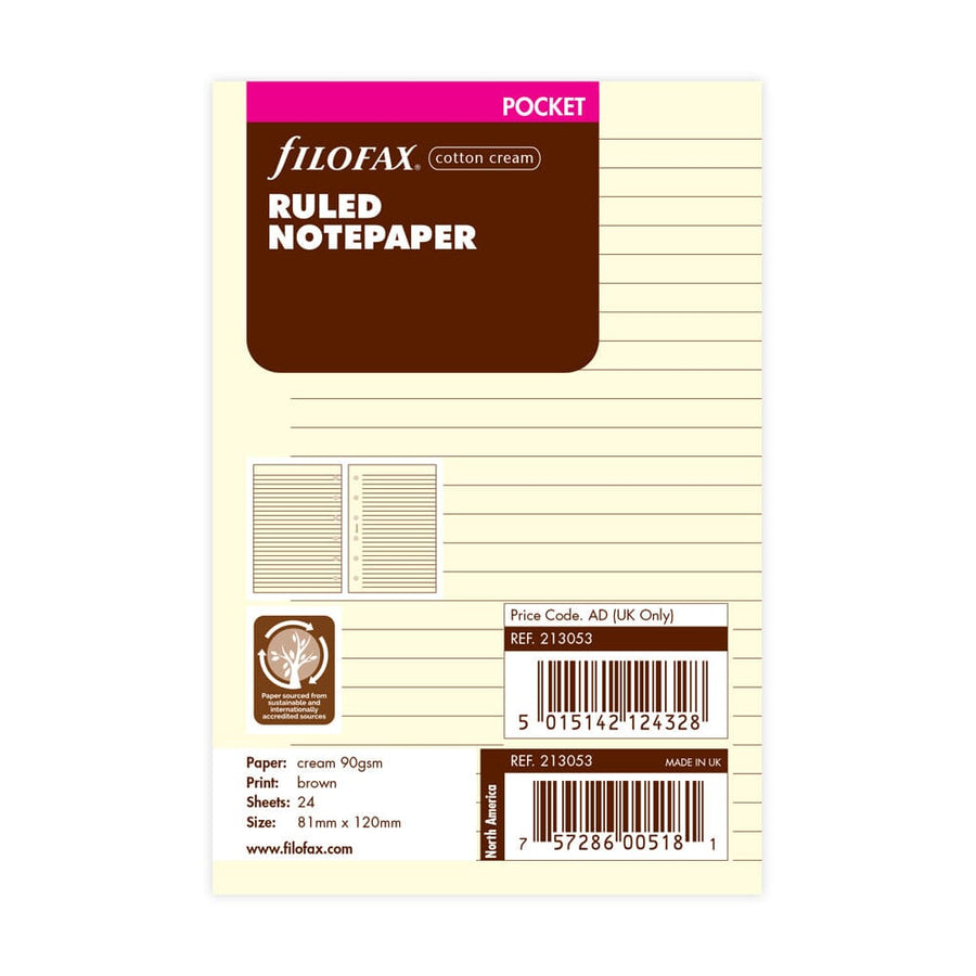 Filofax Pocket Cream Lined Notepaper Refill