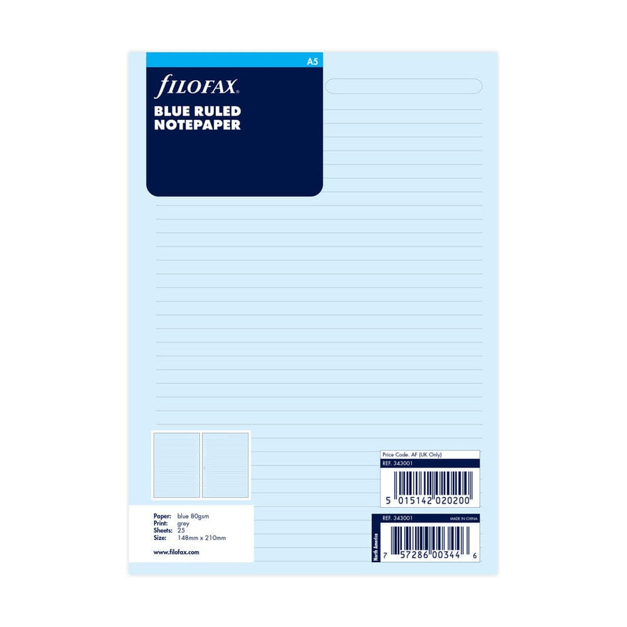 Filofax A5 Blue Lined Notepaper Refill